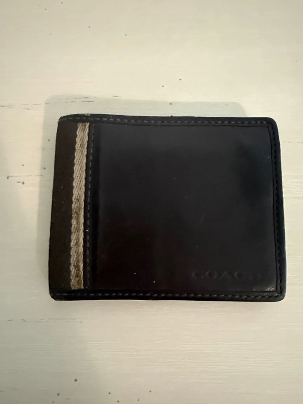 Coach Black Leather Money Clip Wallet with Tan Stripe Accent